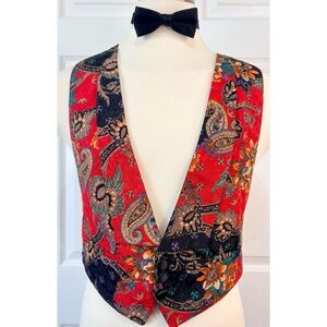 Vintage 80s 90s Men’s Red Paisley Brocade Backless Vest and Bow Tie Size L/XL